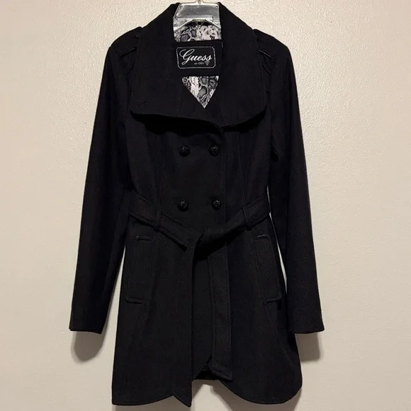 GUESS Black Charcoal Double-Breasted Belted Trench Coat - Picture 1 of 8